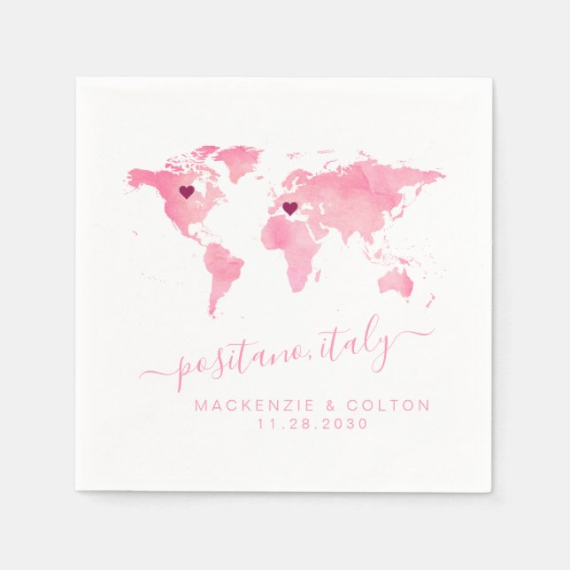 Pink World Map 2 Hearts Destination Wedding Shower Napkin (Front)