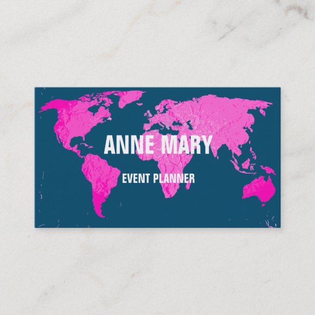 Pink World Map Abstract Art Blue Wedding Cute Business Card (Front)