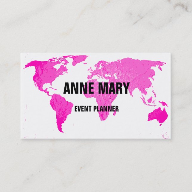 Pink World Map Abstract Art Wedding Colourful Business Card (Front)
