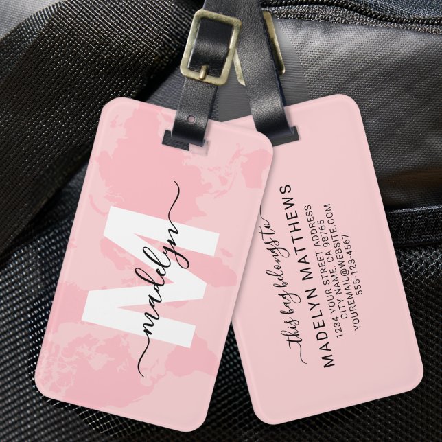 Pink World Map Monogram Luggage Tag (Modern Custom Pink Map Monogram Name Luggage Tag )