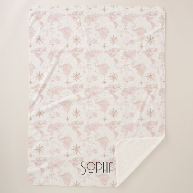 Pink World Map Sherpa Blanket (Front)