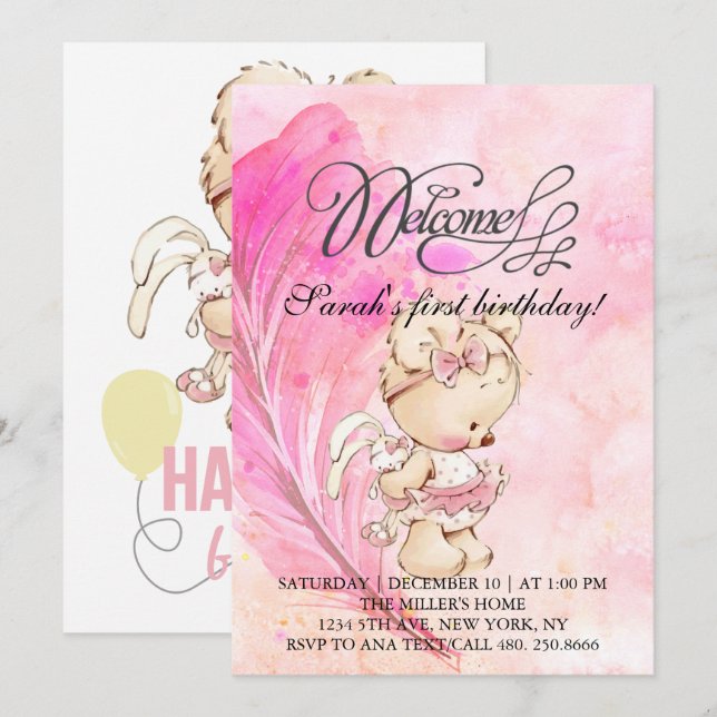 Pink world with magic feather, birthday for girls  invitation (Front/Back)
