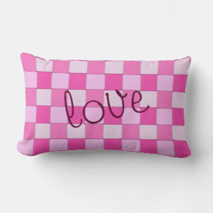 Pink Woven Chequered Pattern with Love Lumbar Cushion