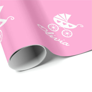 Pink wrapping paper with cute baby carriage