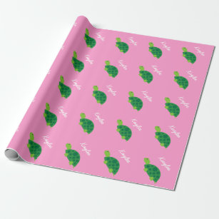 Pink wrapping paper with cute green baby turtle