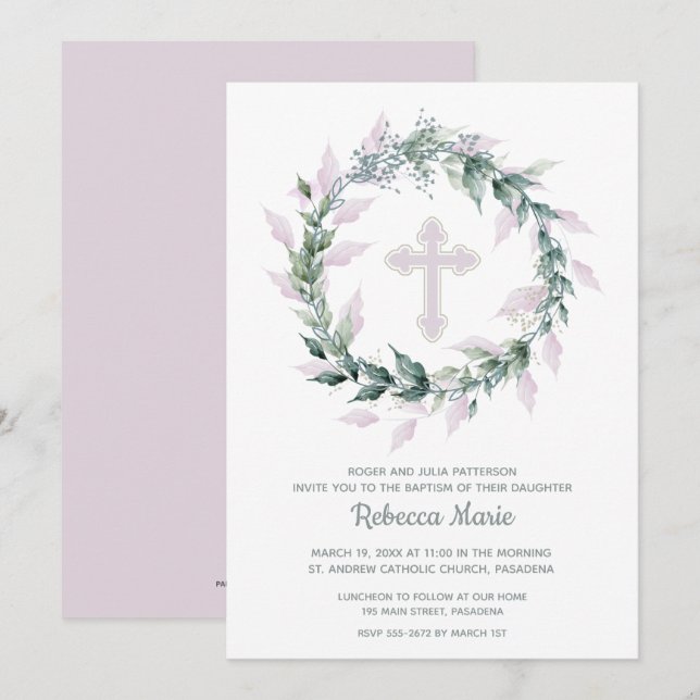 Pink Wreath Baptism Invitations (Front/Back)