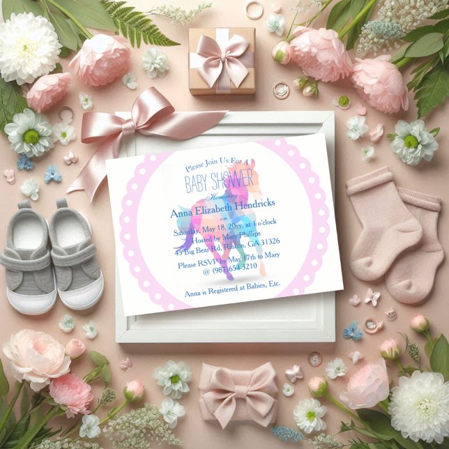 Pink Wreath Geometric Running Horse Baby Shower Invitation (Creator Uploaded)