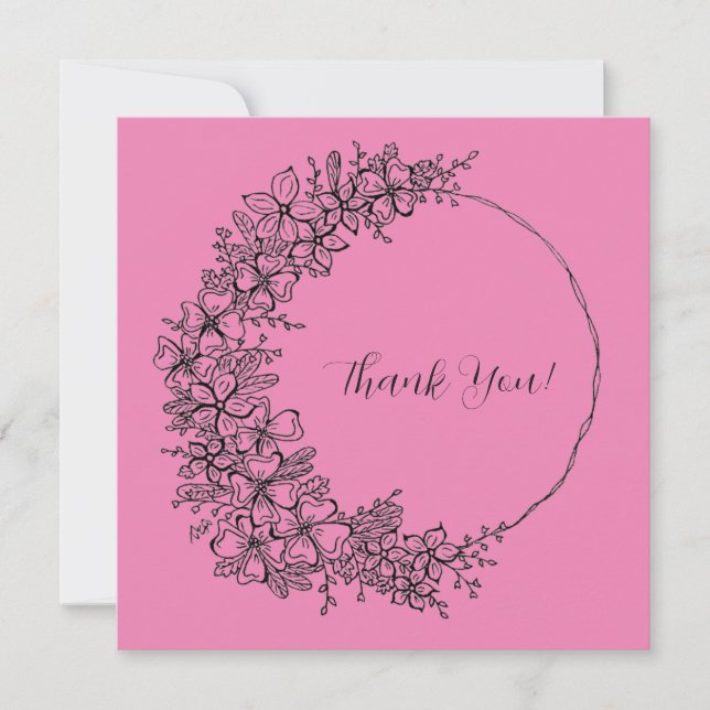 Pink Wreath Ink Drawing  Thank You Card (Front)