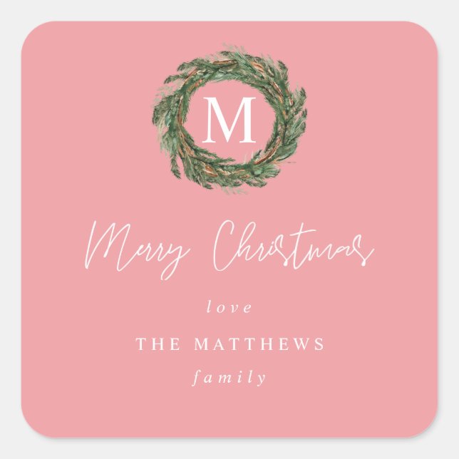 Pink Wreath Monogram Merry Christmas Gift Square Sticker (Front)