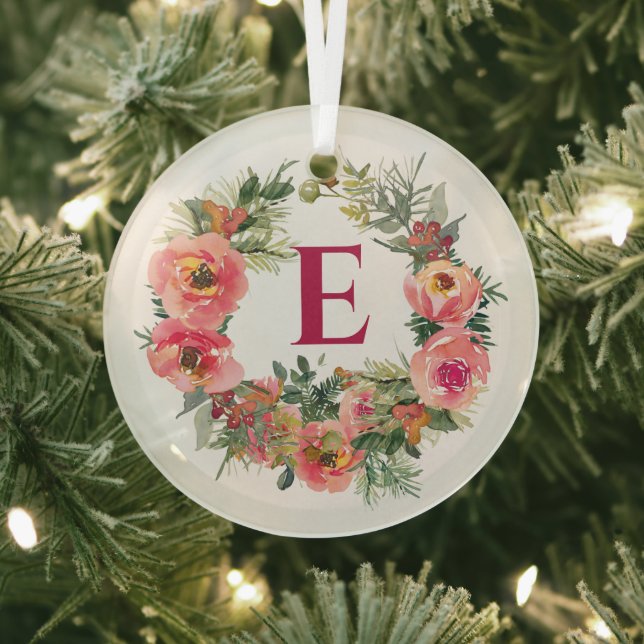 Pink Wreath Red Monogram Botanical Christmas Glass Tree Decoration (Insitu)