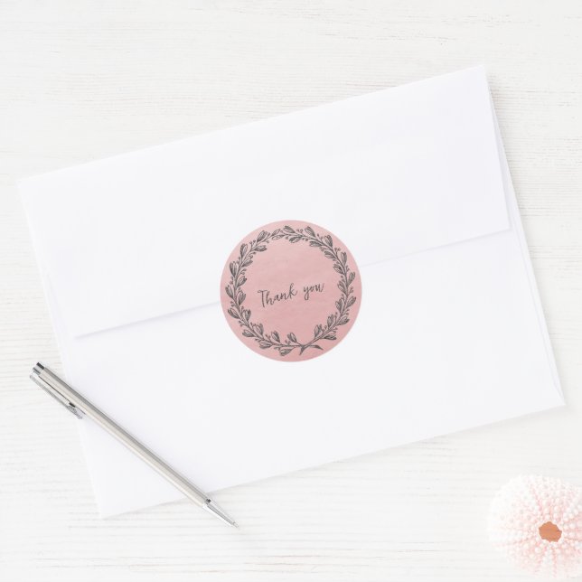Pink Wreath Thank You Classic Round Sticker (Envelope)