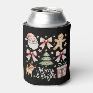 Pink Xmas Bow Christmas Tree Santa Gingerbread Can Cooler