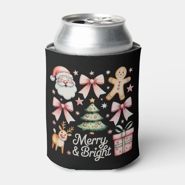Pink Xmas Bow Christmas Tree Santa Gingerbread Can Cooler (Can Front)
