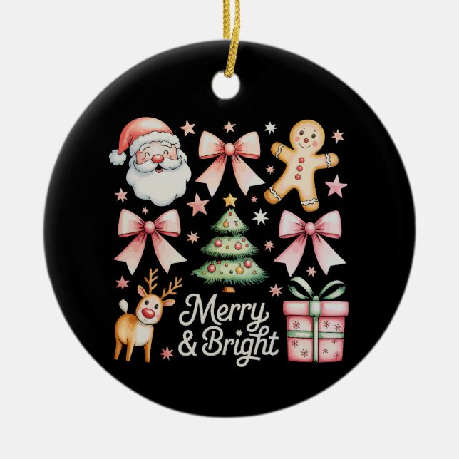 Pink Xmas Bow Christmas Tree Santa Gingerbread Ceramic Tree Decoration (Front)