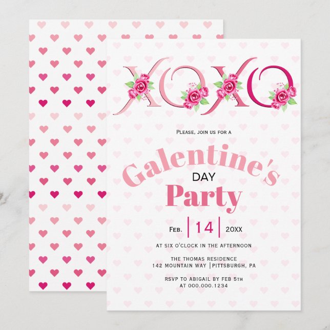 Pink XOXO and roses Galentines Day party Invitation (Front/Back)
