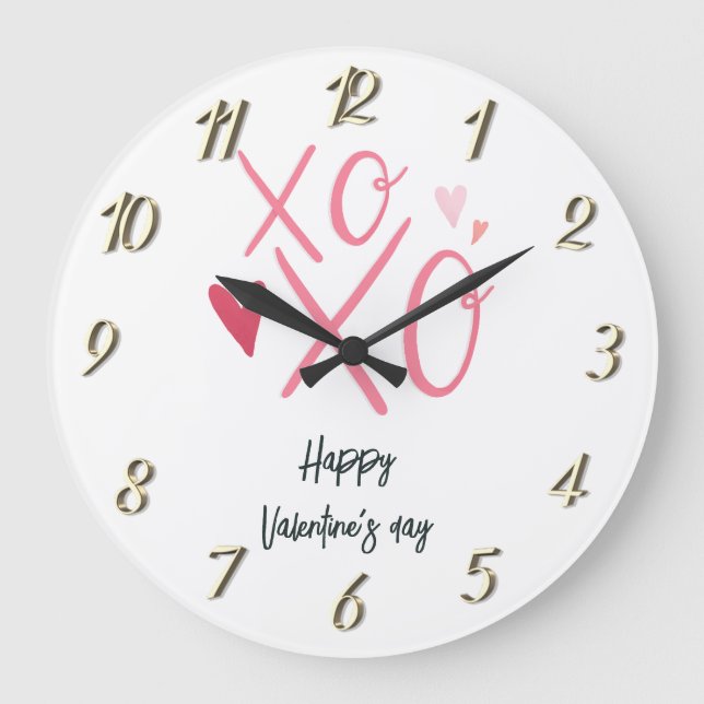 Pink "XOXO"Hearts Happy Valentine's Day  Large Clock (Front)