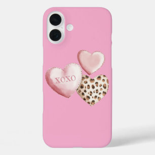 Pink XOXO Leopard Print Hearts iPhone 16 Plus Case