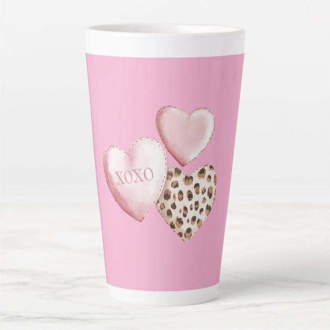 Pink XOXO Leopard Print Hearts Latte Mug (Front)