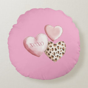 Pink XOXO Leopard Print Hearts Round Cushion