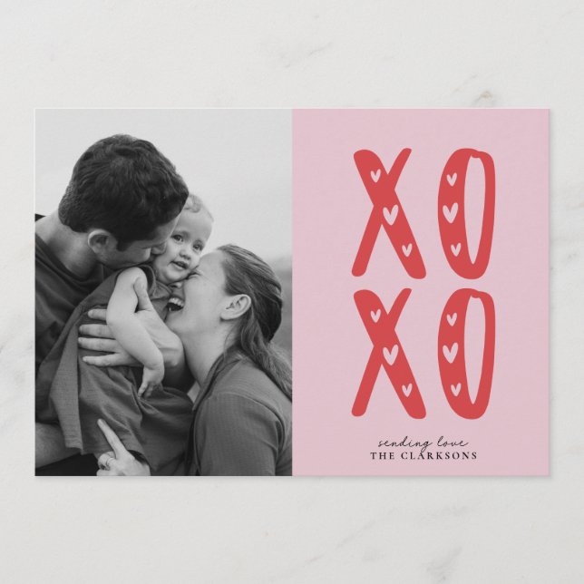 Pink XOXO Modern Valentine’s Day Photo Card (Front)