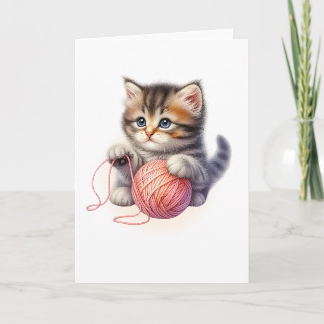 Pink Yarn and Bright-Eyed Kitten Blank Greeting Card (Front)