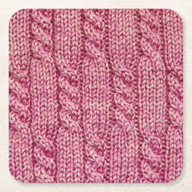 Pink Yarn Cabled Knit Square Paper Coaster (Front)