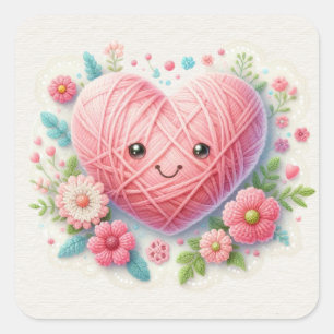 Pink Yarn Face Valentine Heart Square Sticker