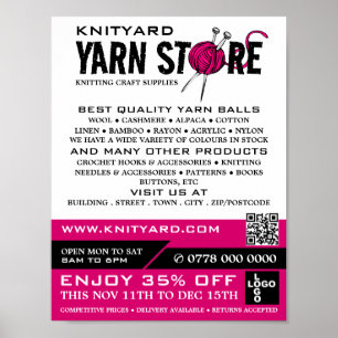 Pink Yarn Store Logo, Knitting Store, Yarn Store Poster