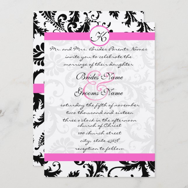 Pink Yarrow and Black Damask Wedding Invitation (Front/Back)