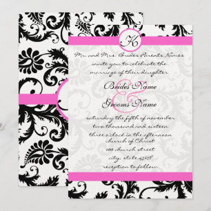 Pink Yarrow and Black Damask Wedding Invitation