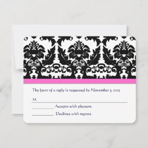 Pink yarrow Black Damask Wedding RSVP Card