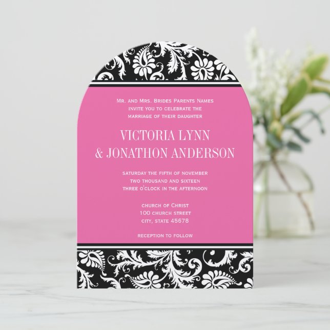 Pink Yarrow Damask Wedding RSVP Invitation (Standing Front)