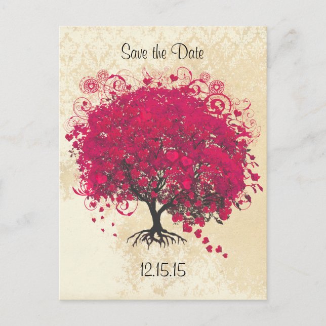 Pink Yarrow Heart Leaf Tree Wedding Save The Date Announcement Postcard (Front)