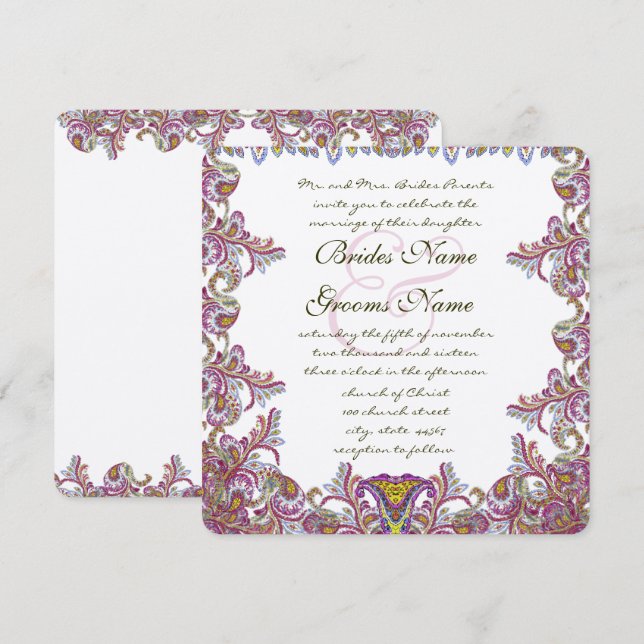 Pink Yarrow Vintage Paisley Wedding Invitation (Front/Back)