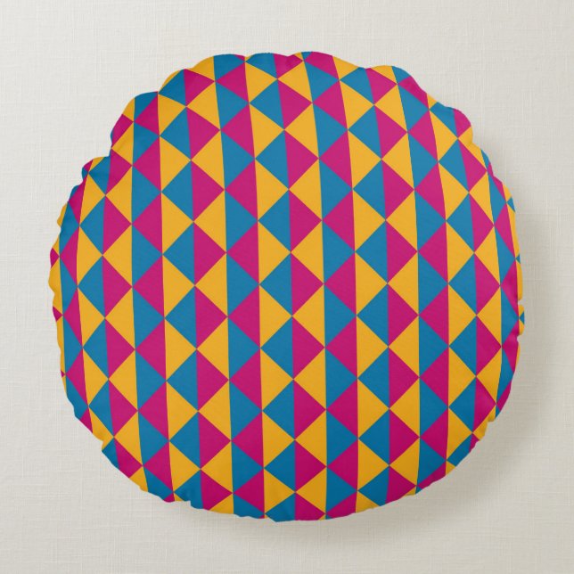 Pink, Yellow and Blue Diamonds and Triangles Round Cushion (Front)