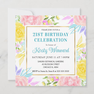Pink, Yellow and Blue Flowers Birthday Invitation