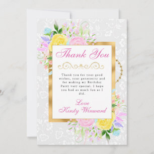 Pink, Yellow and Blue Flowers Gold Birthday Thank You Card