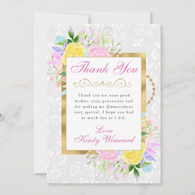 Pink, Yellow and Blue Flowers Gold Quinceanera Thank You Card (Front)