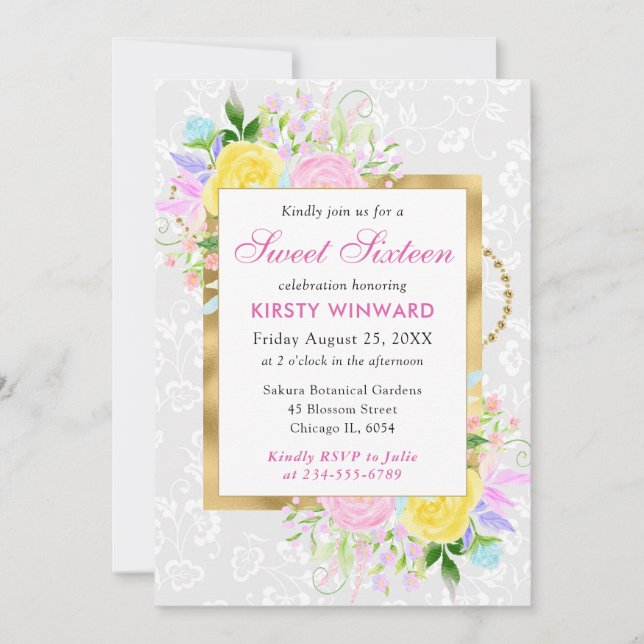 Pink, Yellow and Blue Flowers Gold Sweet 16 Invitation (Front)