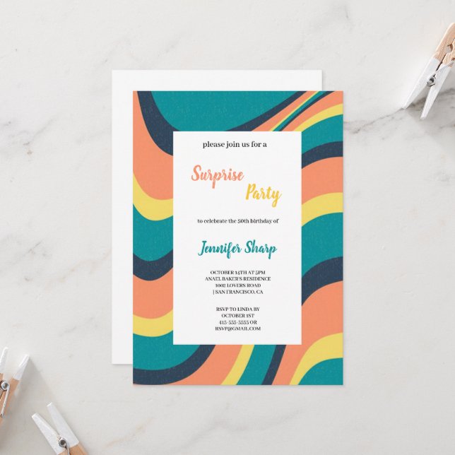 PINK , YELLOW AND BLUE GROOVY BIRTHDAY INVITATION (Front/Back In Situ)