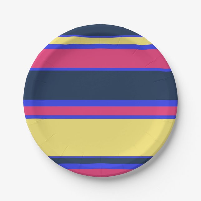 Pink, yellow and blue stripes paper plate (Front)