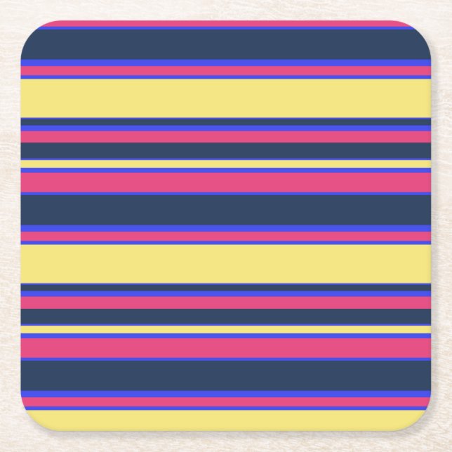 Pink, yellow and blue stripes square paper coaster (Front)