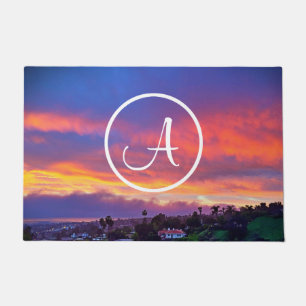 Pink yellow and blue sunrise photo custom monogram doormat