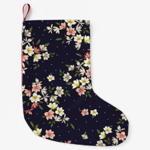 pink yellow and brown small flowers with green lea christmas stocking