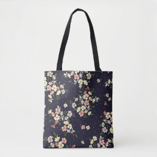 pink yellow and brown small flowers with green lea tote bag