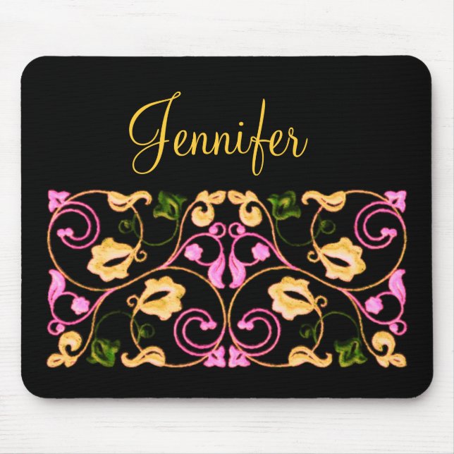 Pink Yellow and Green Vine with Name Mouse Mat (Front)