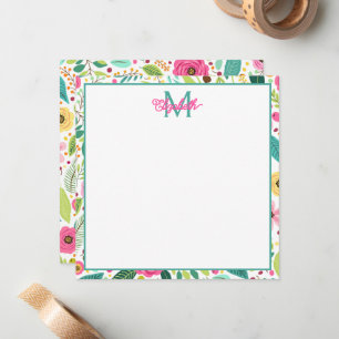 Pink Yellow and Teal Spring Floral Monogram Card