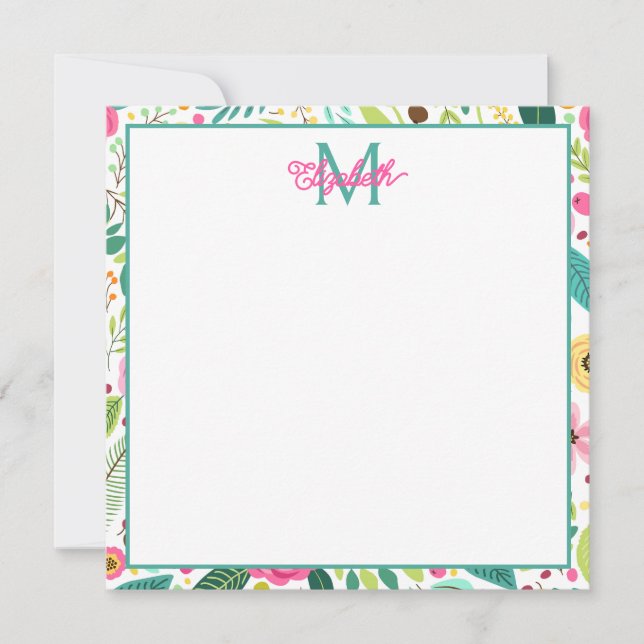 Pink Yellow and Teal Spring Floral Monogram Card (Front)