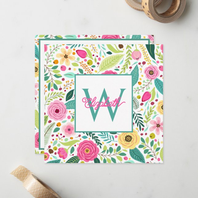 Pink Yellow and Teal Spring Floral Monogram Card (Front/Back In Situ)