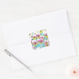 Pink yellow and white pansies watercolor square st sticker